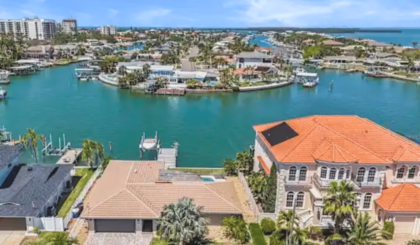 Roof replacement in Clearwater neighborhood homes aerial view