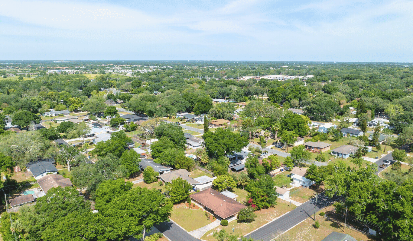 Aerial view of a completed residential roof replacement in a Lakeland FL neighborhood.